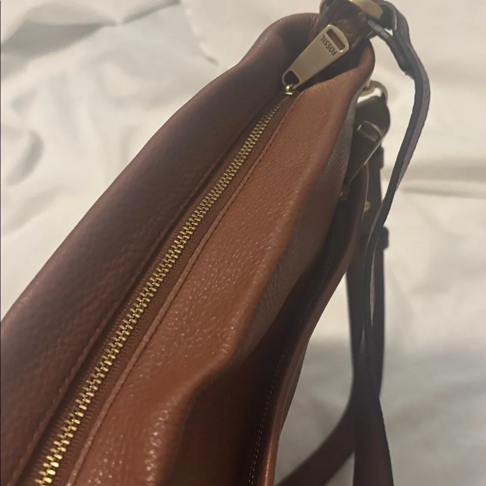 VTG Fossil Piper brown large crossbody shoulder bag pebbled leather zip bottom - Picture 14 of 16